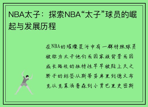 NBA太子：探索NBA“太子”球员的崛起与发展历程